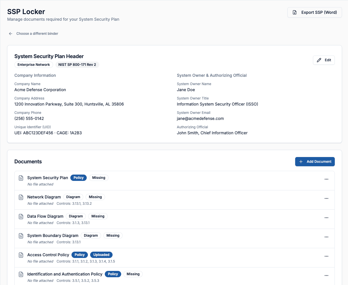 Gray Warden SSP Locker showing System Security Plan documents and diagrams mapped to NIST 800-171 requirements, with per-document upload status and a one-click Export SSP button